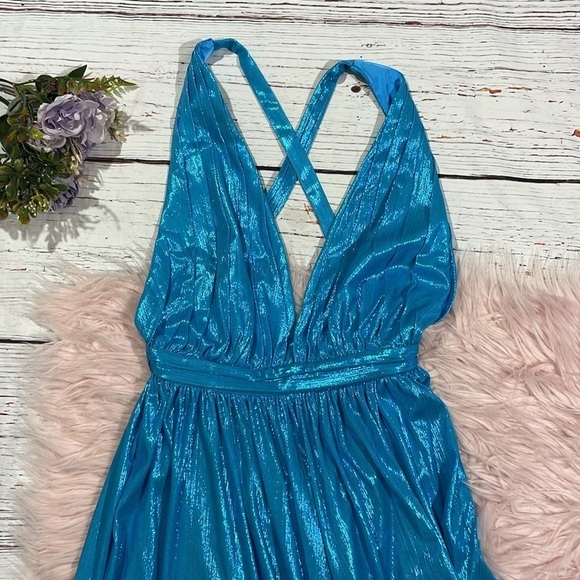 NWT RETROFETE Tova Shimmer Halter Dress in Aqua Blue - Picture 7 of 11
